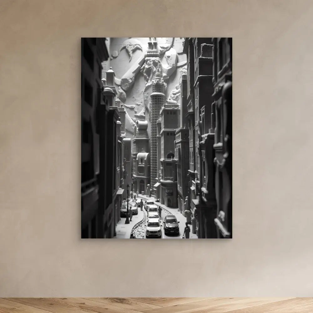 Black and white photograph of a narrow European street lined with ornate architecture.