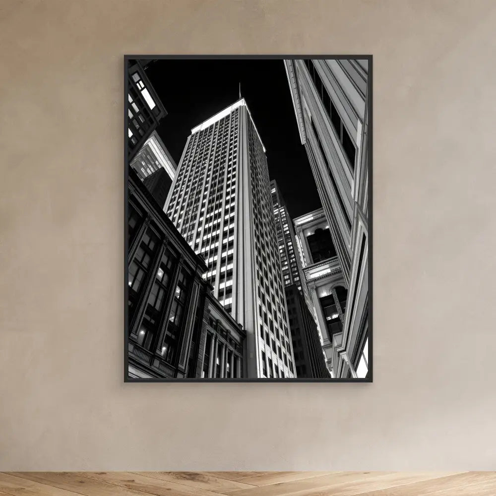 Black and white photograph of a skyscraper shot from a dramatic upward angle.