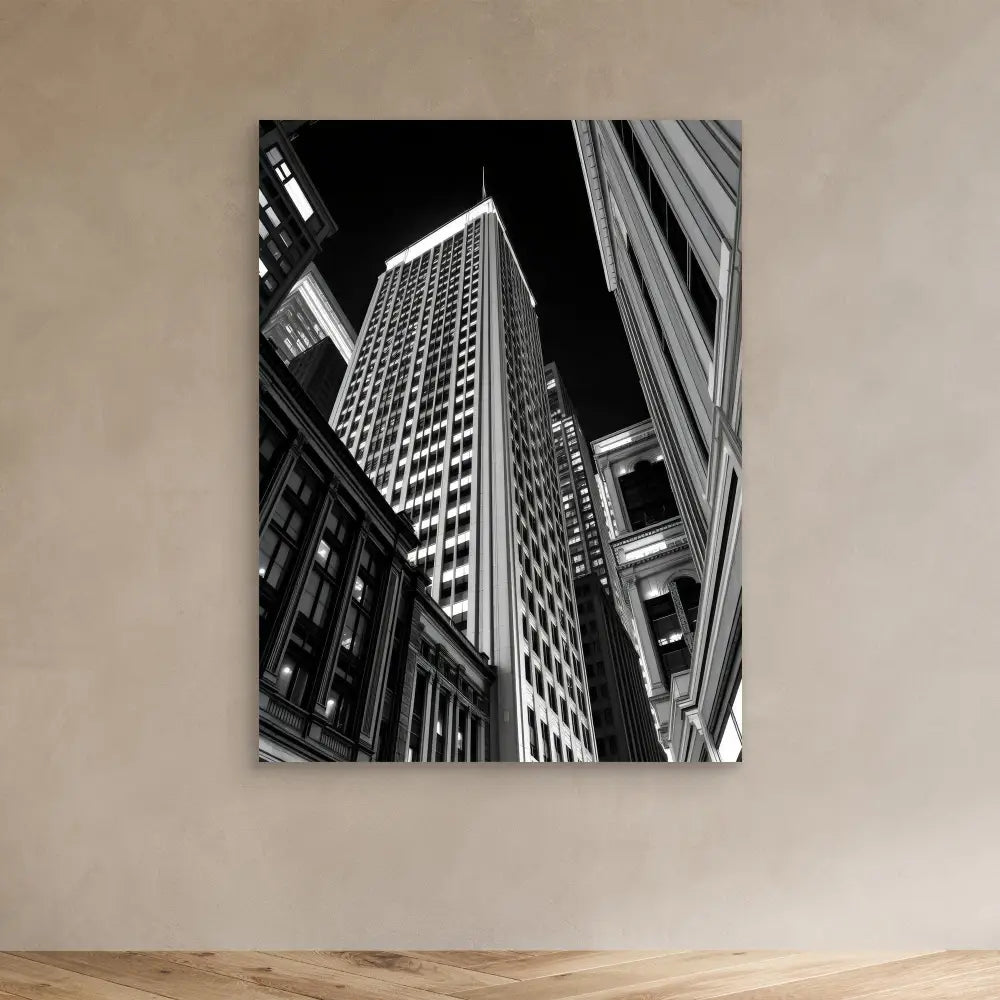 Black and white photograph of a skyscraper shot from a dramatic upward angle.