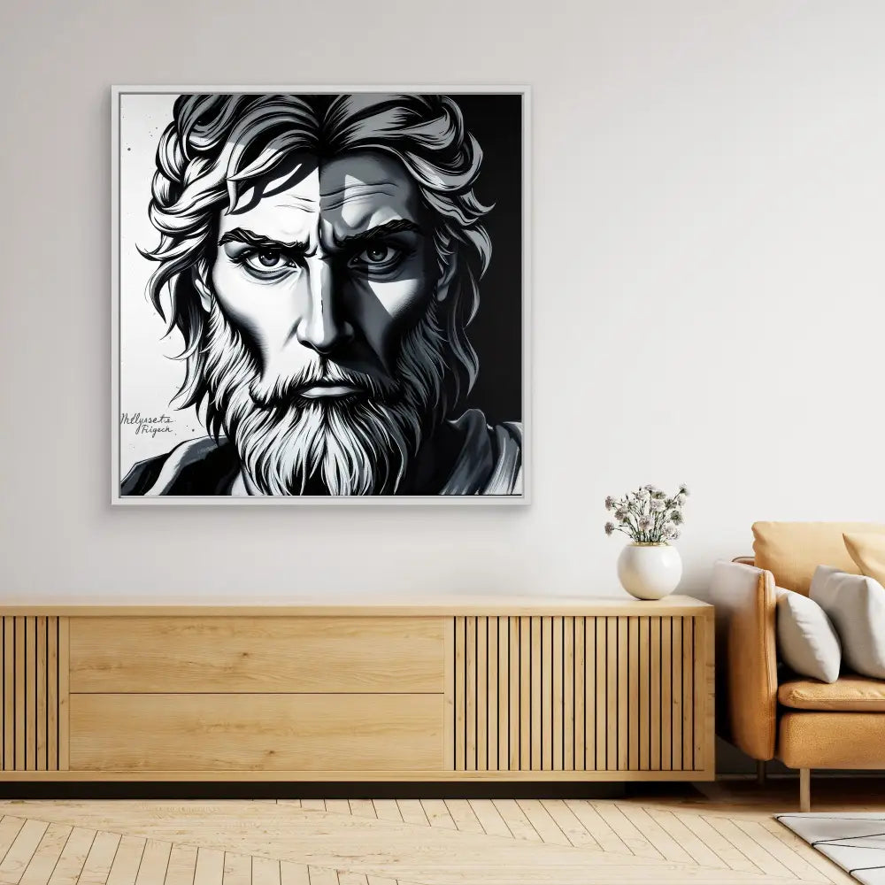 Black and white portrait artwork of a bearded figure with intense eyes and flowing hair.