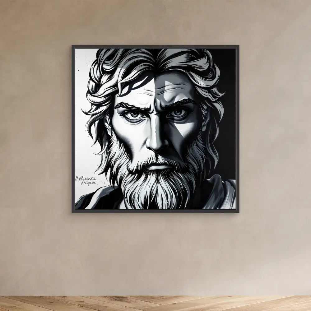 Black and white portrait artwork depicting a bearded figure with intense eyes and flowing hair.