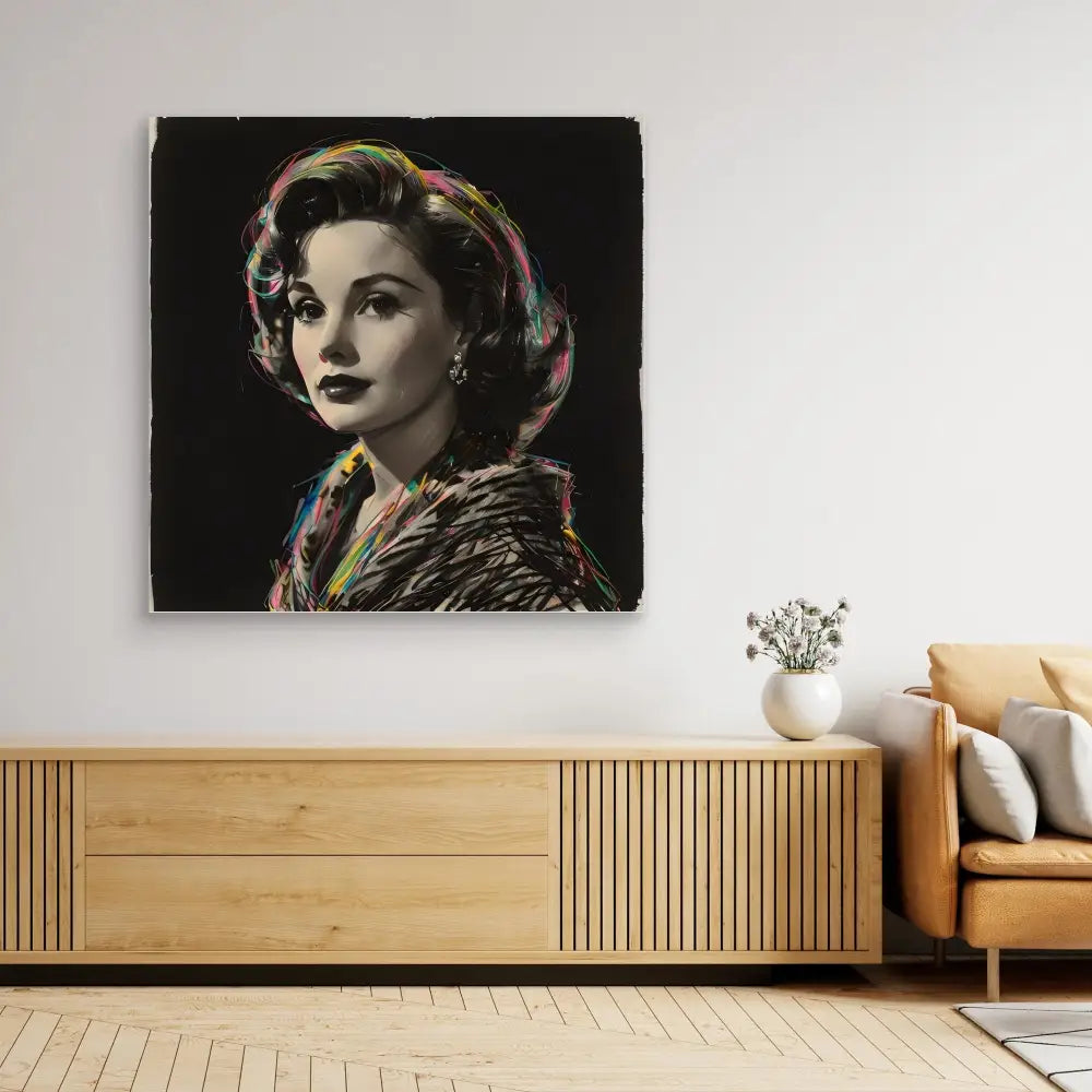 A black and white portrait artwork with subtle color accents mounted on a wall.