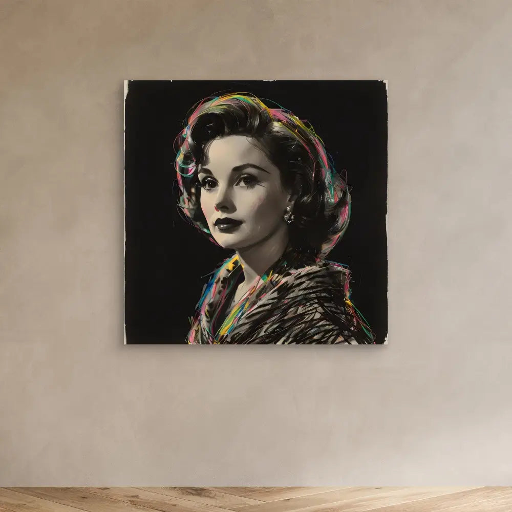 A black and white portrait painting with colorful highlights mounted on a wall.