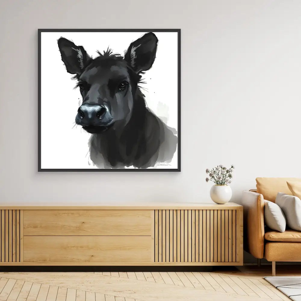 Black and white portrait painting of a dog with pointed ears and a dark nose.