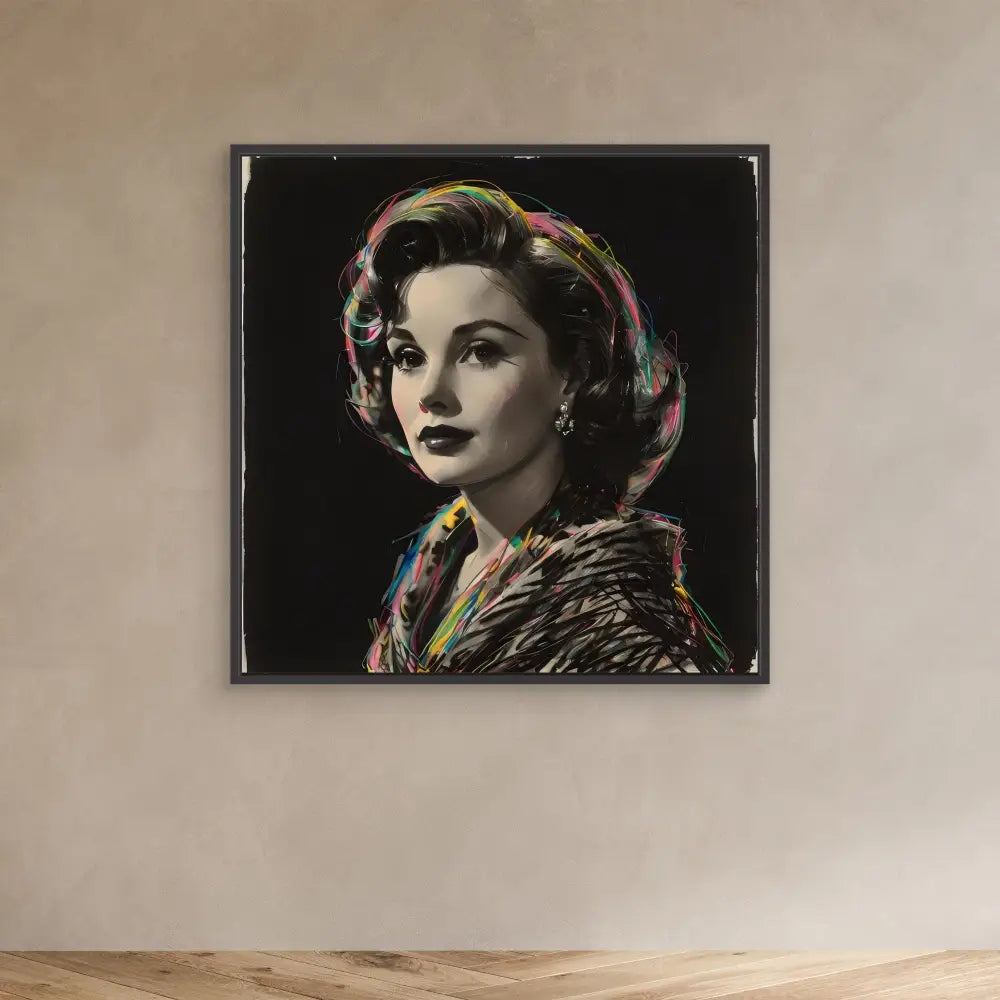 A black and white portrait photograph with colorful artistic highlights mounted on a wall.