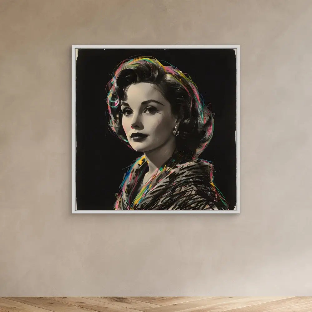 A black and white portrait photograph with colorful artistic highlights mounted in a frame.