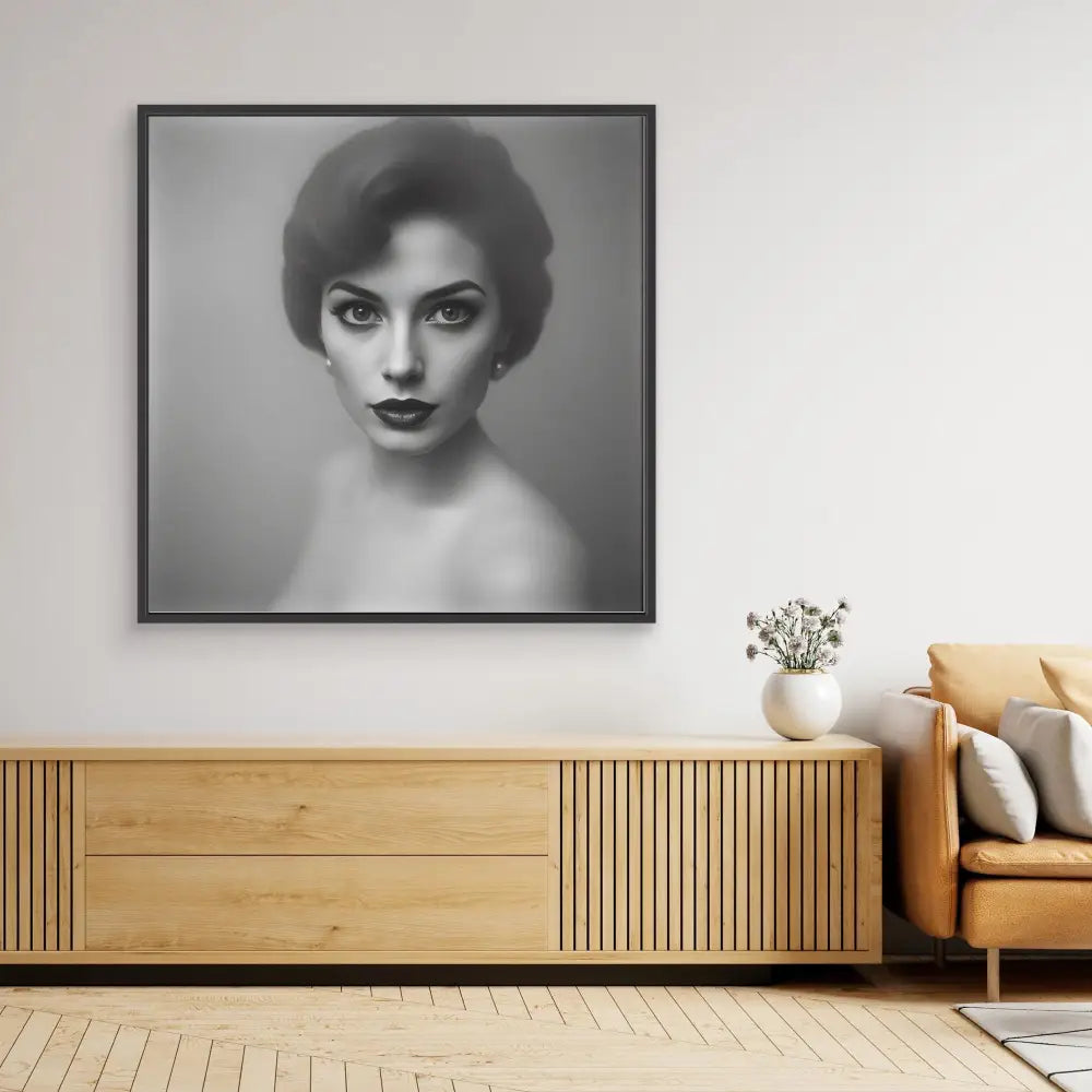 A black and white portrait photograph mounted in a dark frame.