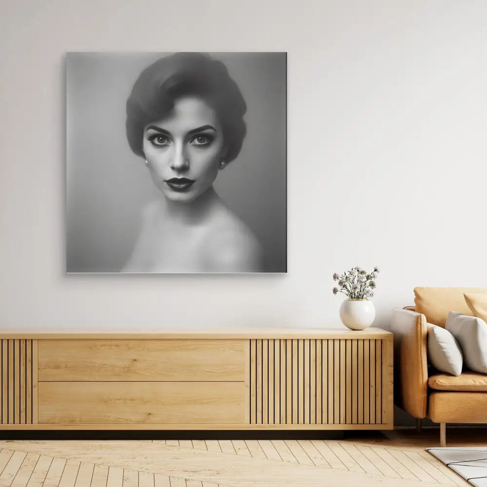 A black and white portrait photograph mounted on a wall.