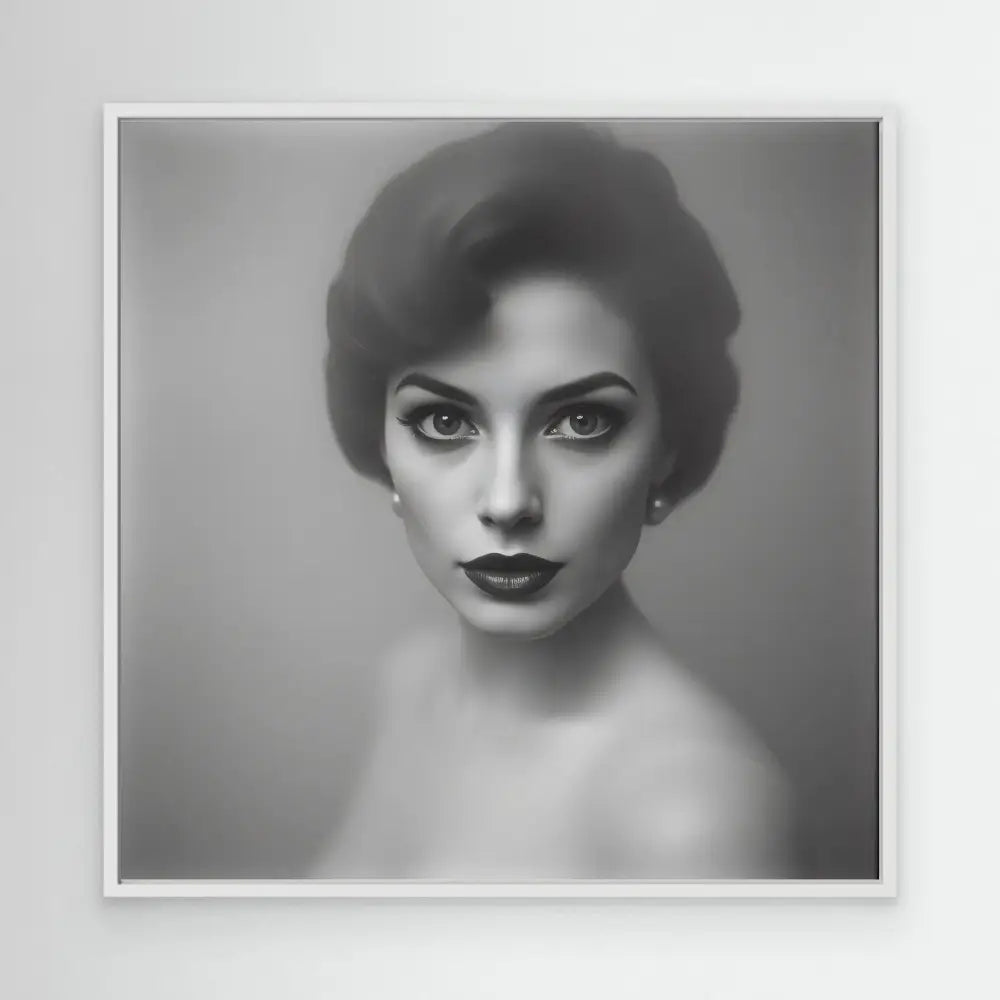 Black and white portrait photograph of a woman with dark lipstick and striking eyes.