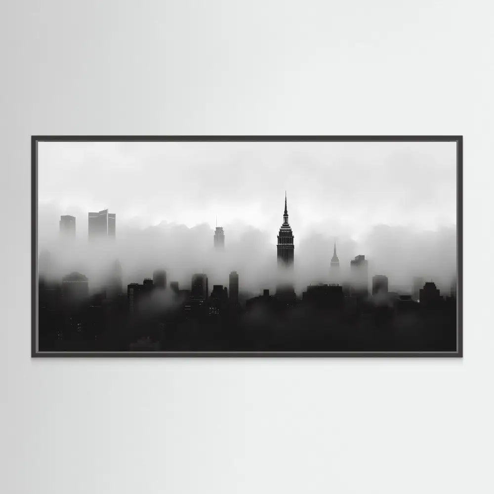 Black and white silhouette of New York City’s skyline shrouded in fog.