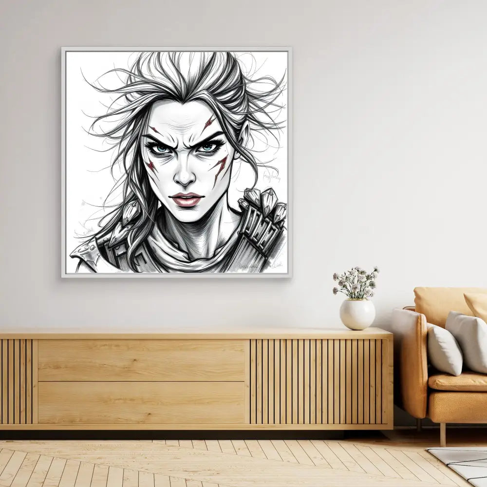 Black and white sketch artwork of a fierce warrior with windswept hair and intense expression.