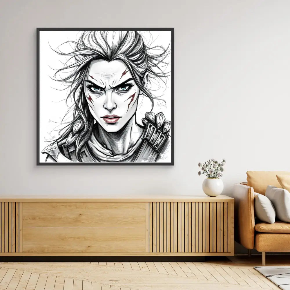 Black and white sketch artwork of a fierce warrior woman with windswept hair.