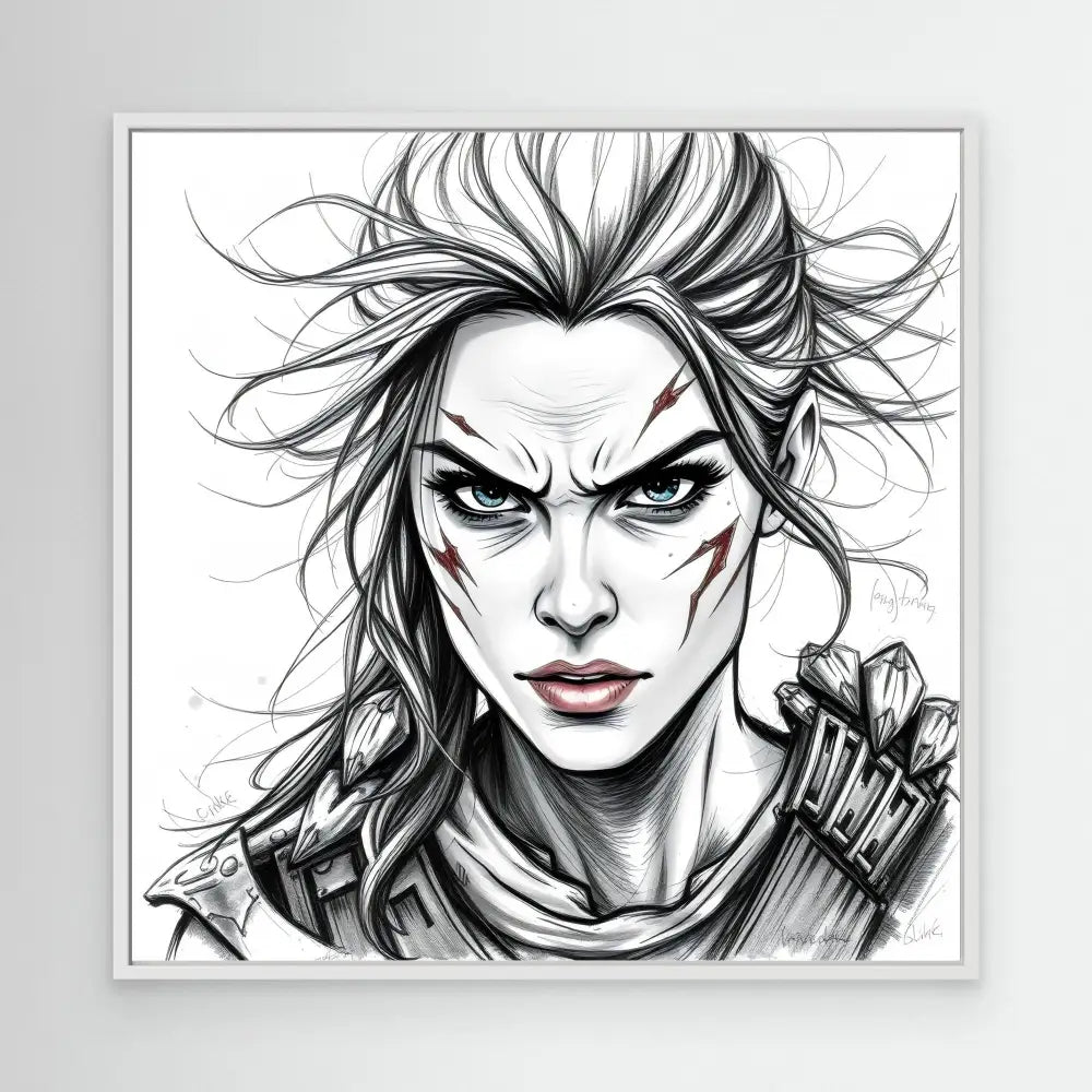 Black and white sketch of a fierce warrior with wild windswept hair and face paint markings.