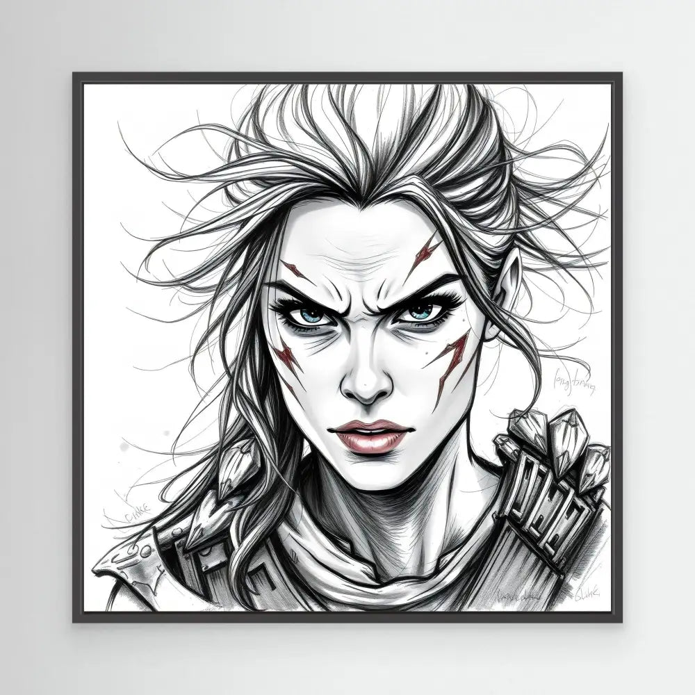 Black and white sketch of a fierce warrior with wild windswept hair and face paint markings.