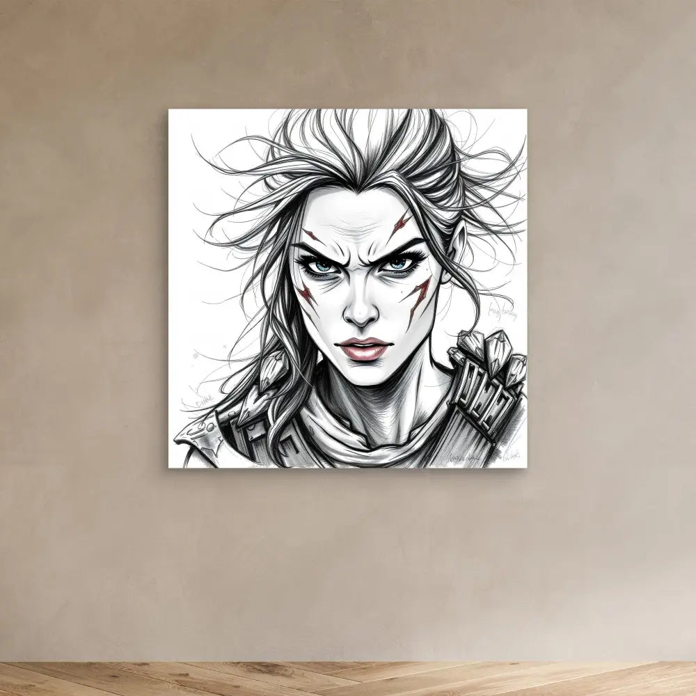 Black and white sketch of a fierce warrior with windswept hair and an intense expression.