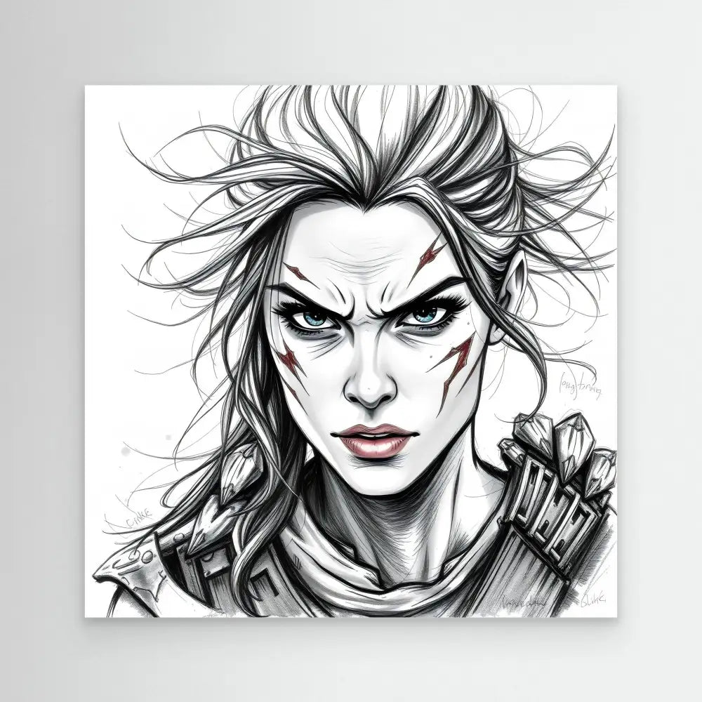 Black and white sketch of a fierce warrior with wild windswept hair and facial markings.