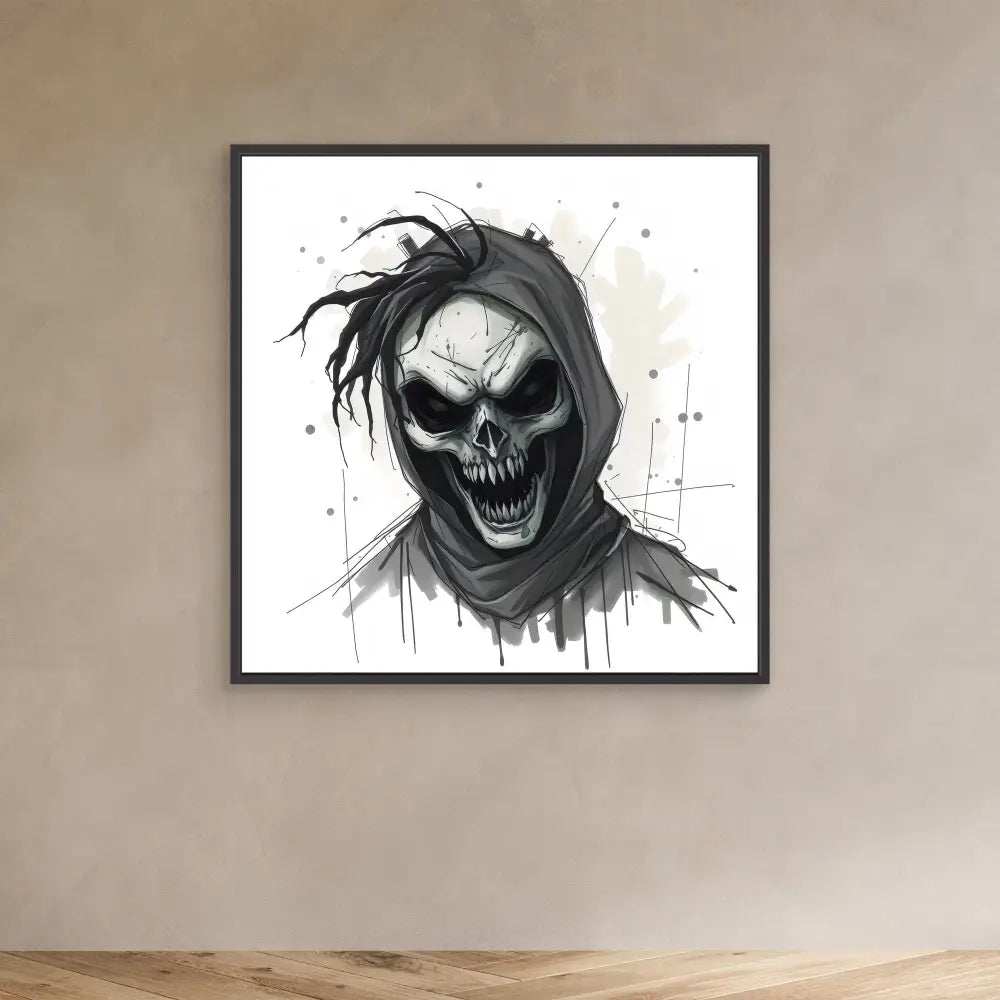 Black and white sketch of a grim reaper-like skull with messy hair and a sinister grin.