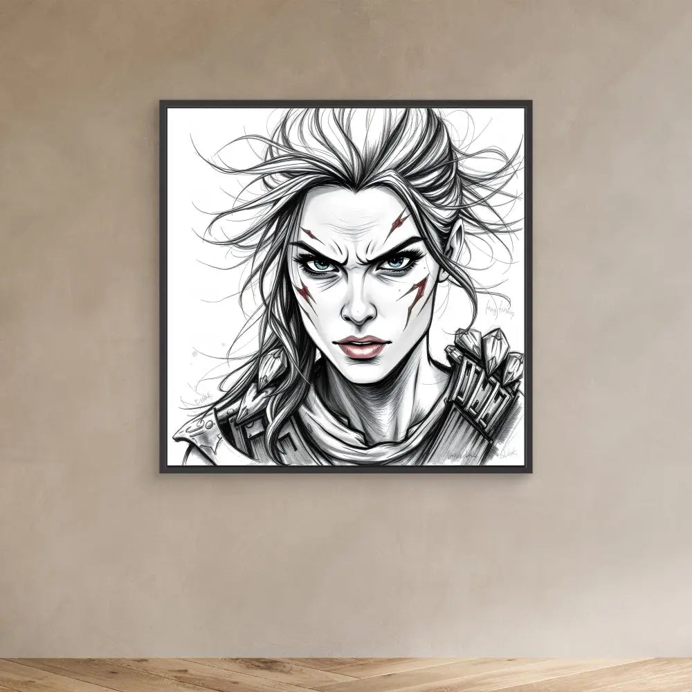 Black and white sketch portrait of a fierce warrior with windswept hair and intense expression.