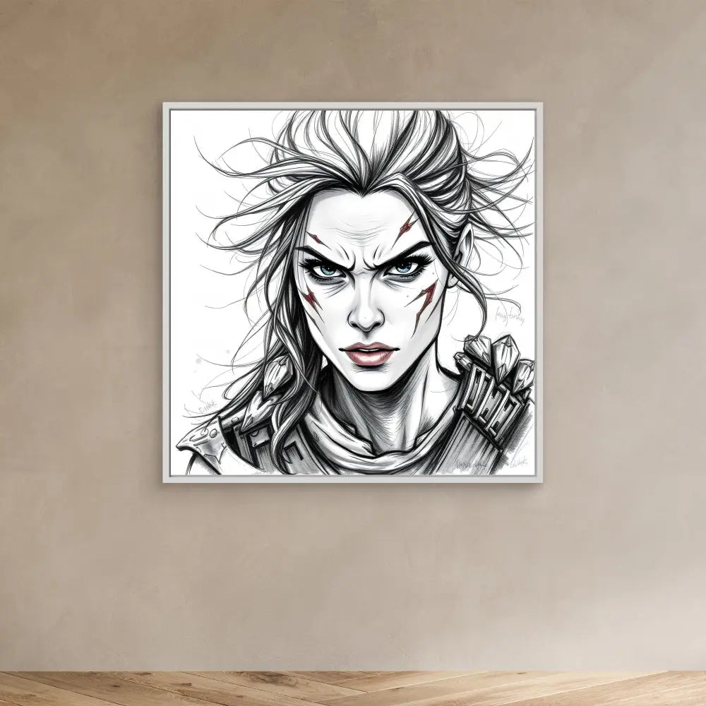 Black and white sketch portrait of a fierce-looking warrior with windswept hair.