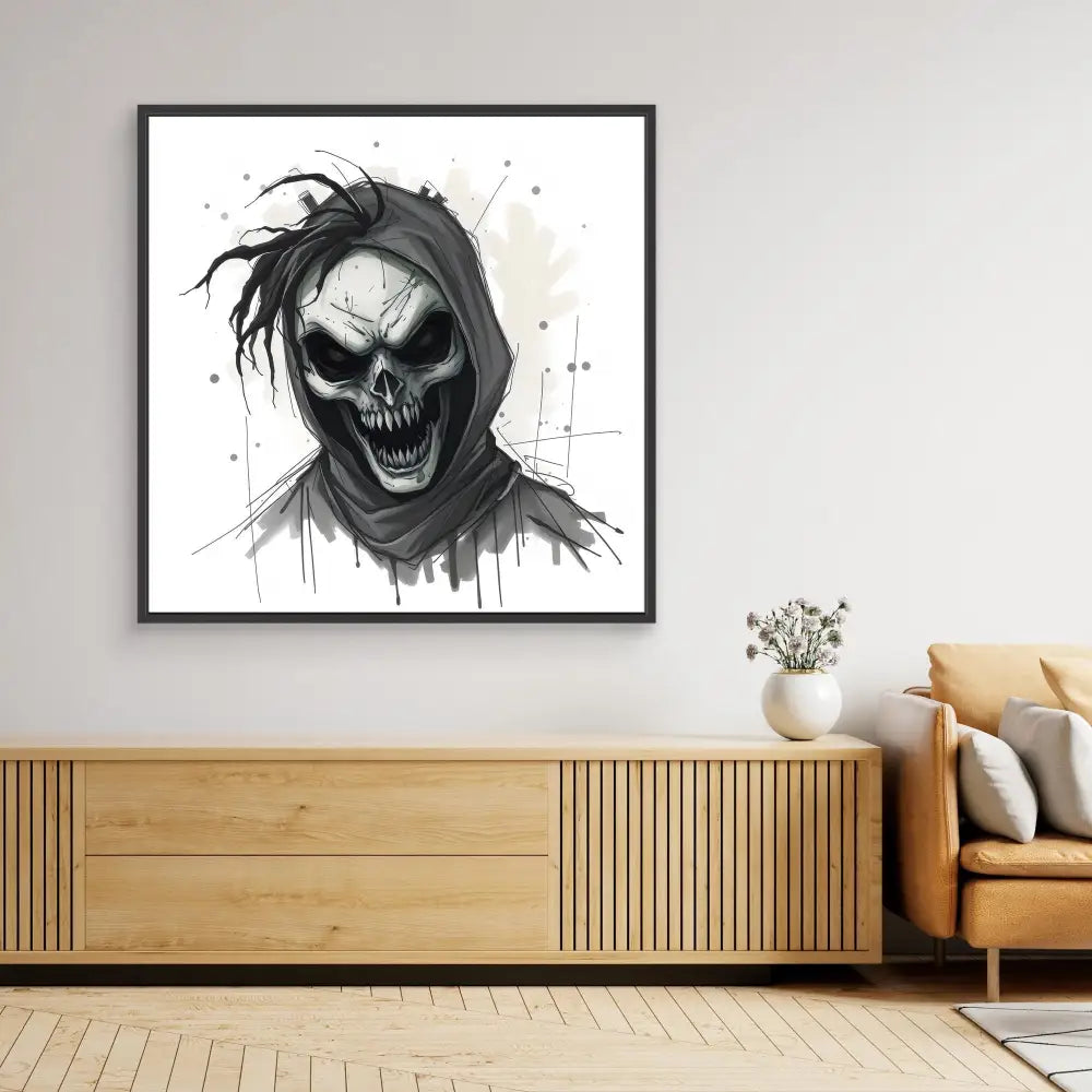 A black and white skull artwork with dripping ink effects and a hooded appearance.