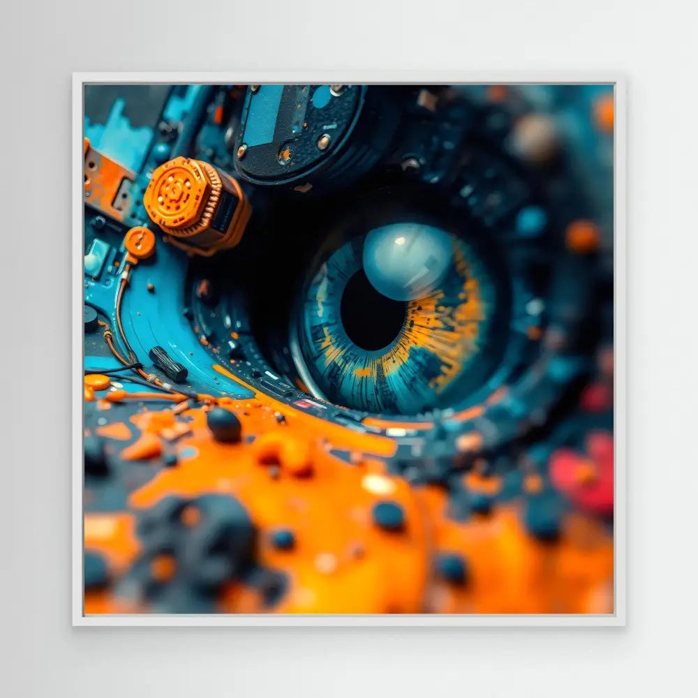 A blue robotic or mechanical eye with orange accents.