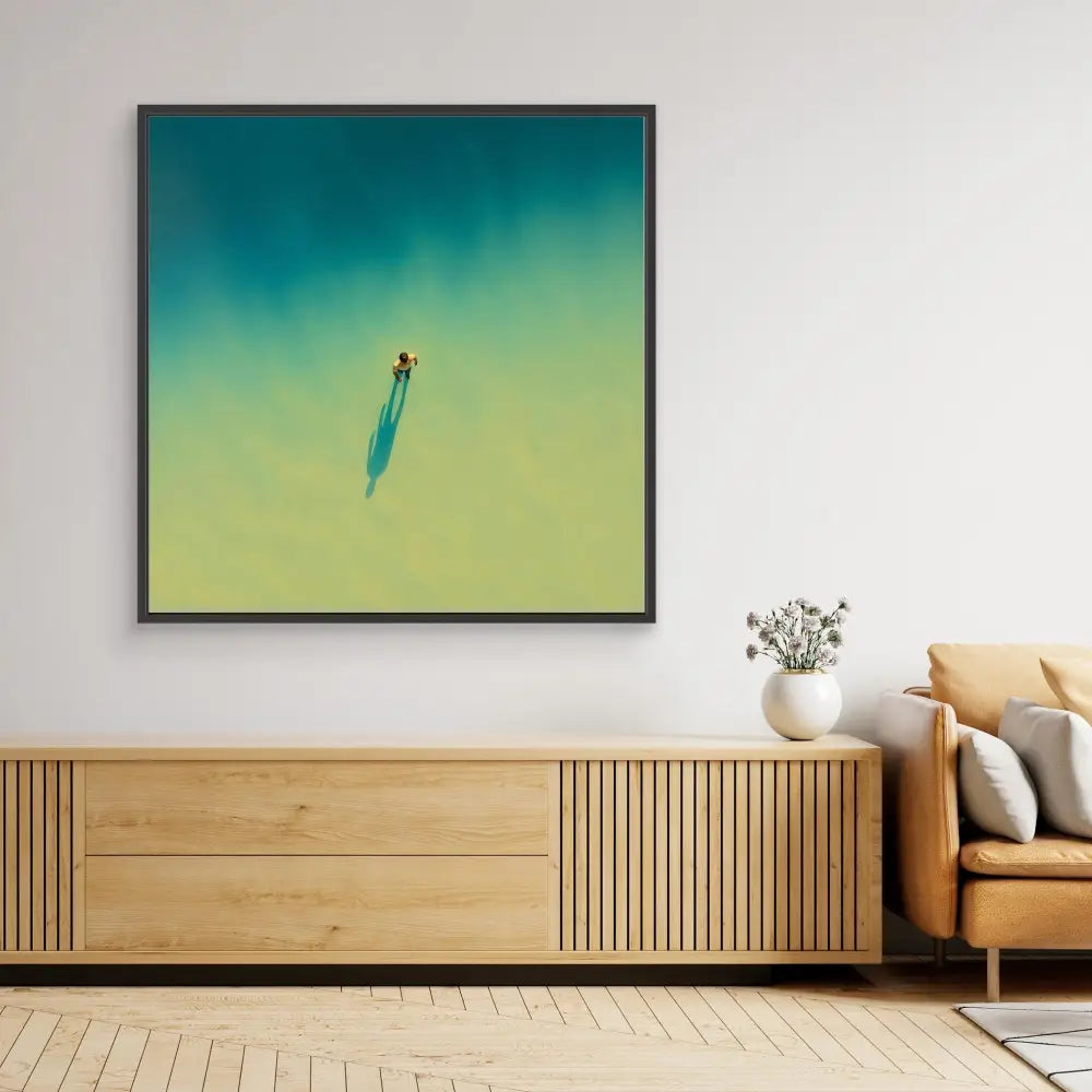 A blue surfboard floating vertically in a minimalist composition.