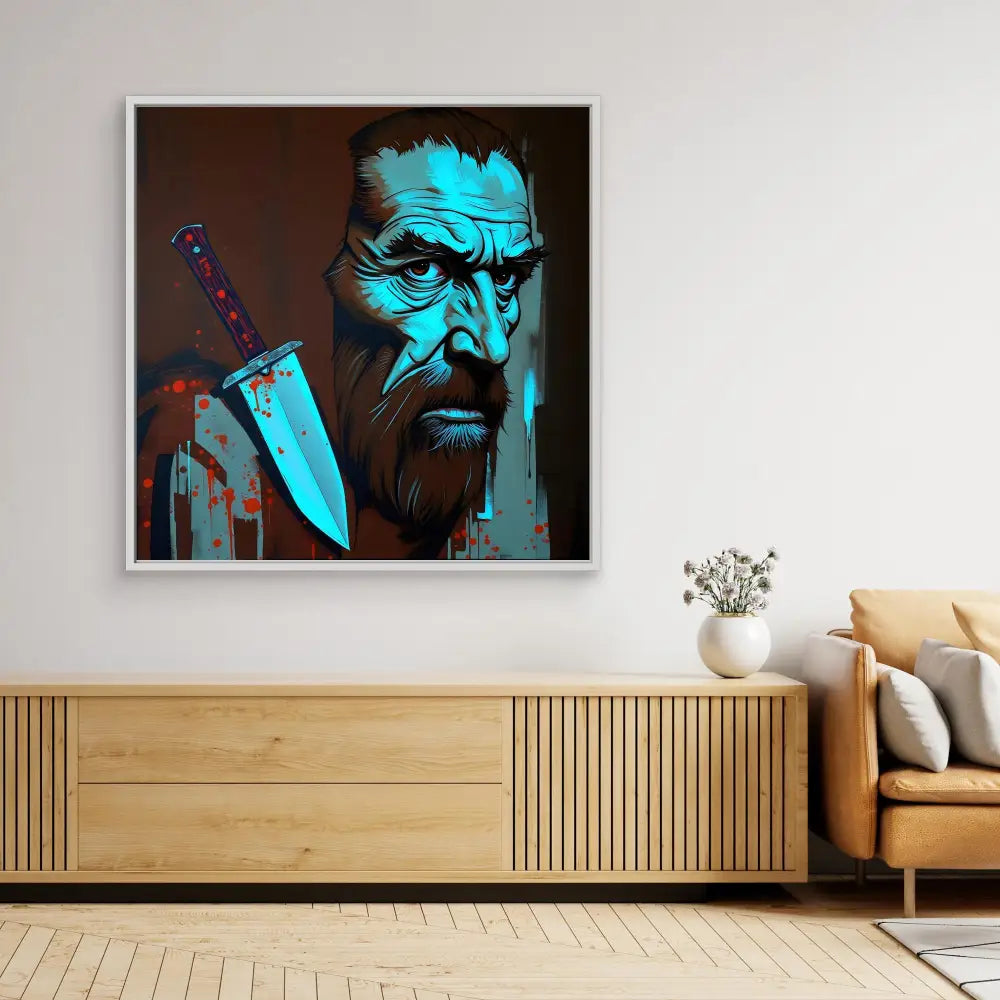 Striking blue-tinted portrait artwork of Walter White from Breaking Bad holding a knife.