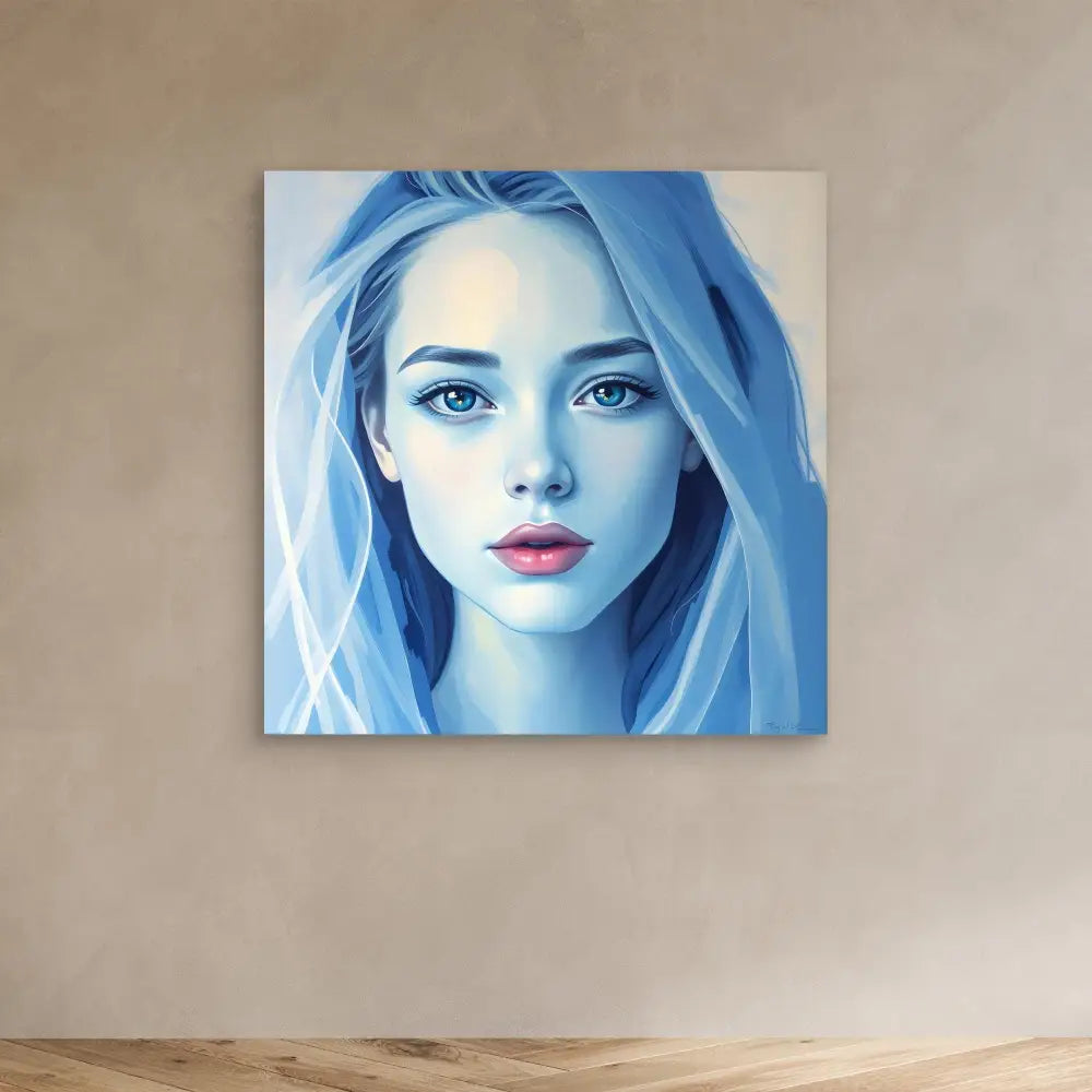 A blue-toned portrait painting featuring bright red lips and striking blue eyes.