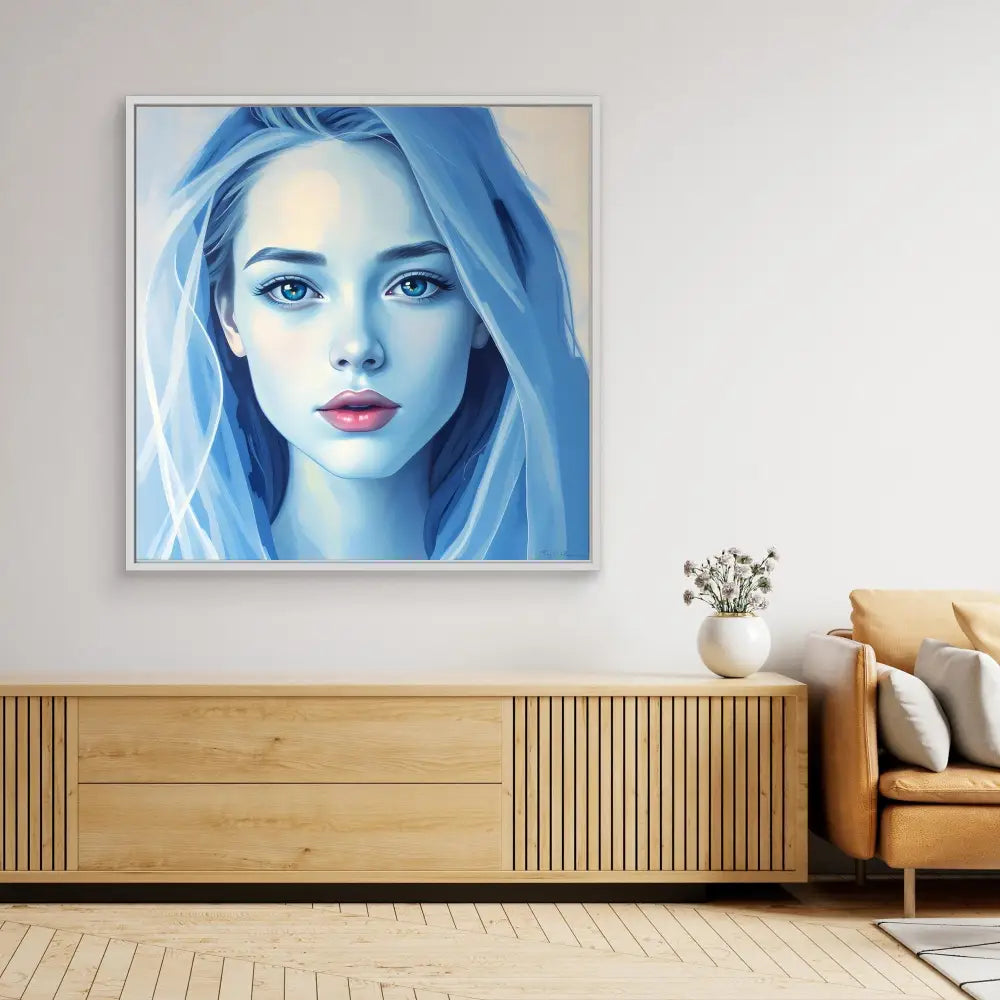 A blue-toned portrait painting mounted in a white frame.