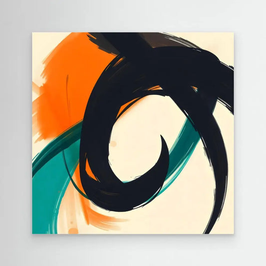 Bold black brushstroke curves through orange and turquoise paint strokes.