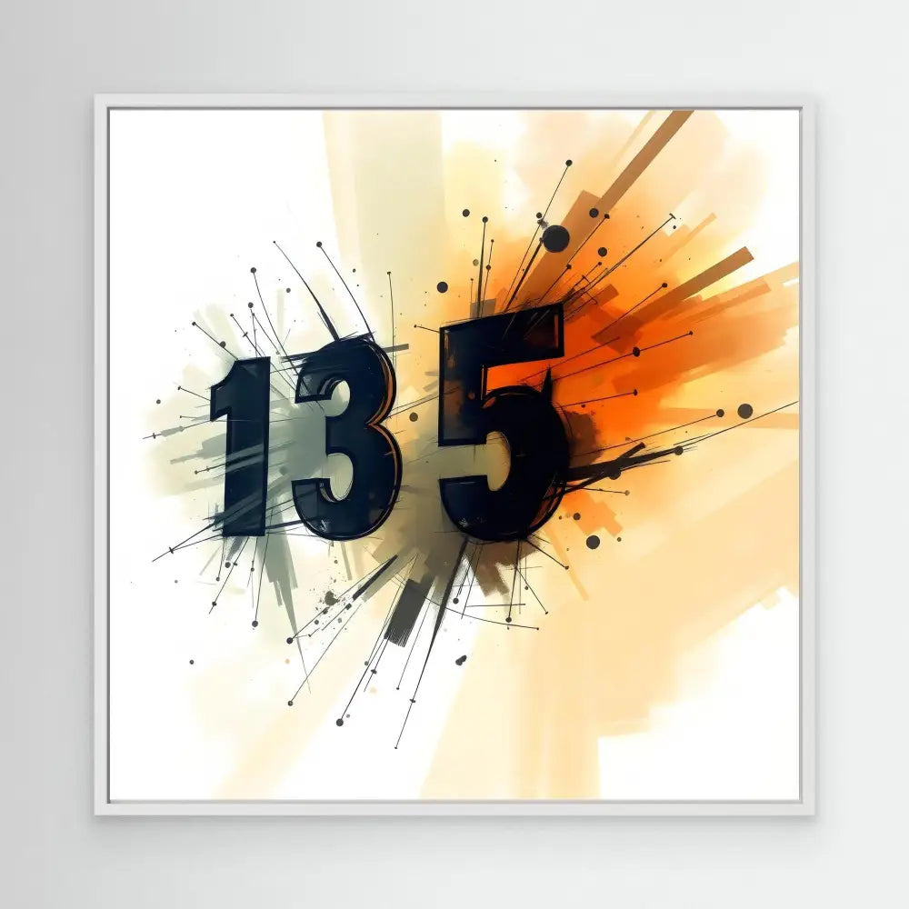 Bold black numbers ’135’’ with explosive paint splatter effects in orange tones.