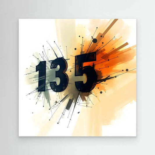 Bold black numbers ’135’’ with paint splatter effects and dynamic radiating lines.