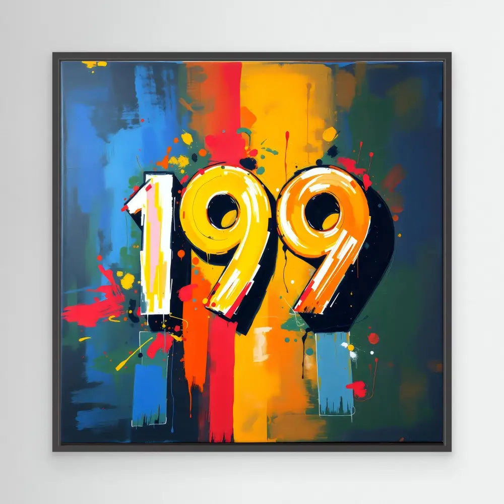 Bold yellow numbers ’199’’ painted in a graffiti-style against colorful abstract strokes.