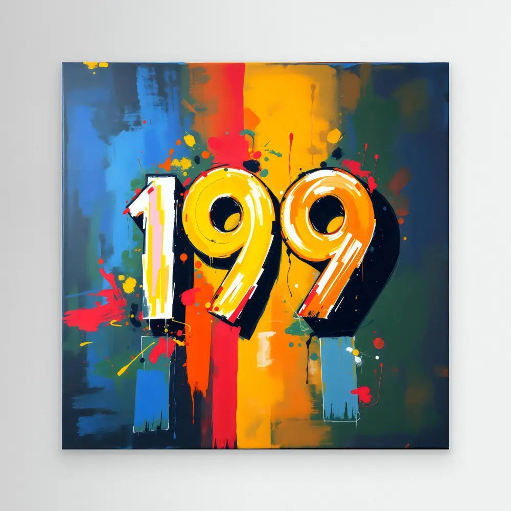 Bold yellow numbers ’199’’ painted in a graffiti-style with colorful splashes and drips.