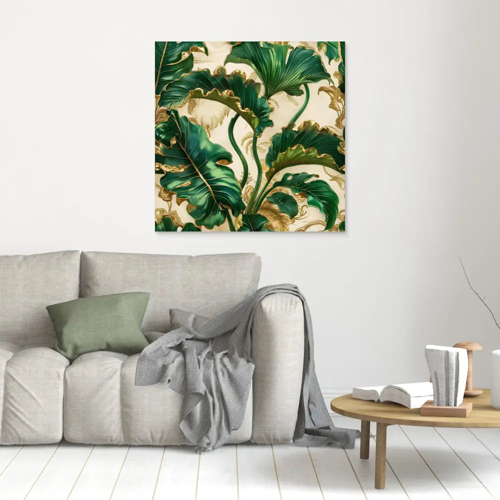 Botanical wall art featuring lush green palm leaves against a cream-colored background.