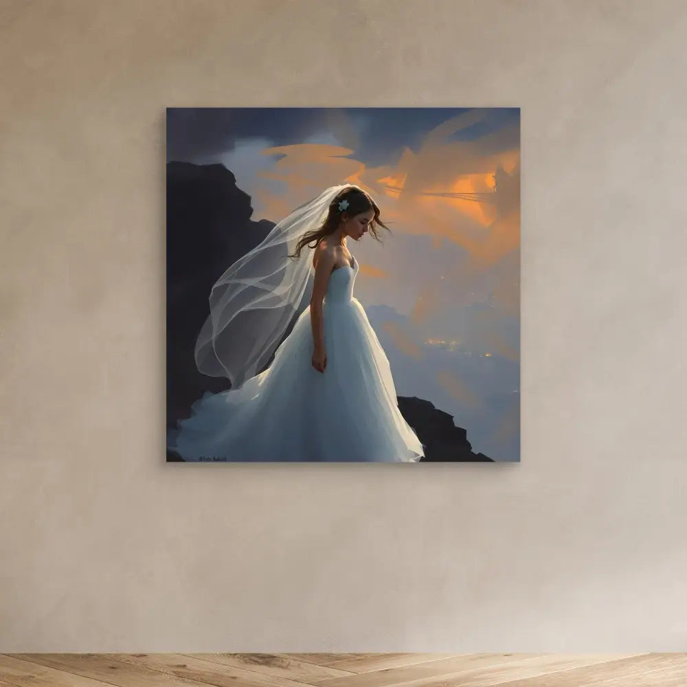 A bride in a flowing white wedding dress and veil against a dramatic sky.