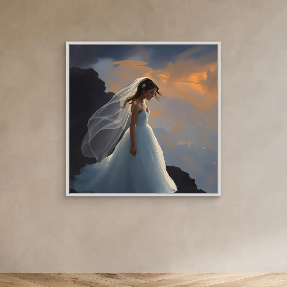 A bride in a flowing white gown and veil stands dramatically against a sunset sky.