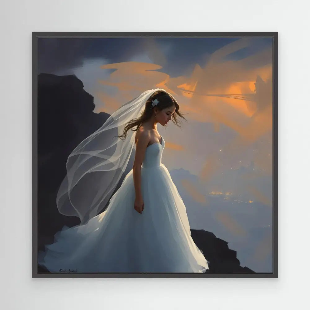 A bride in a flowing white wedding gown and veil against a sunset.