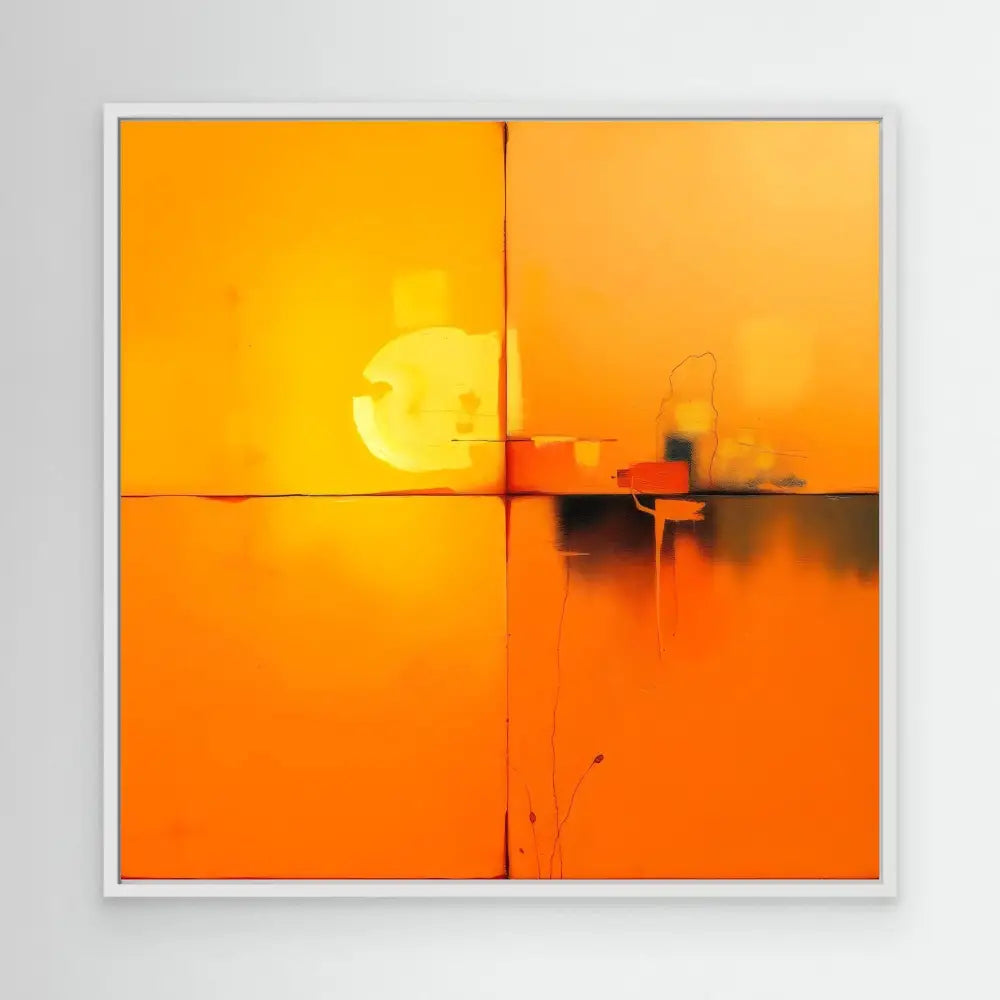 Bright orange and yellow abstract artwork featuring a sunset over water with silhouetted boats.