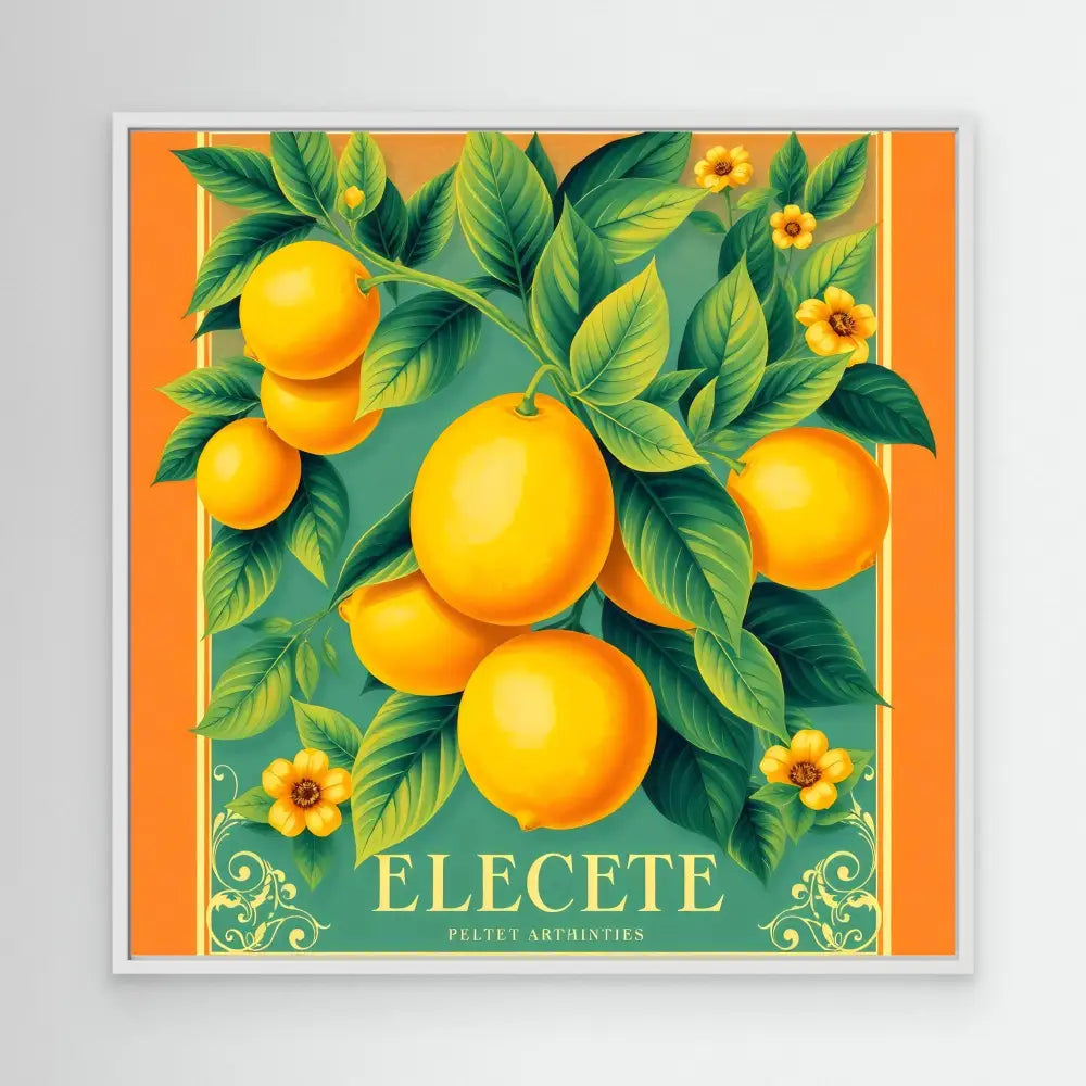 Bright yellow oranges with green leaves and small yellow flowers on an orange-bordered vintage fruit crate label.