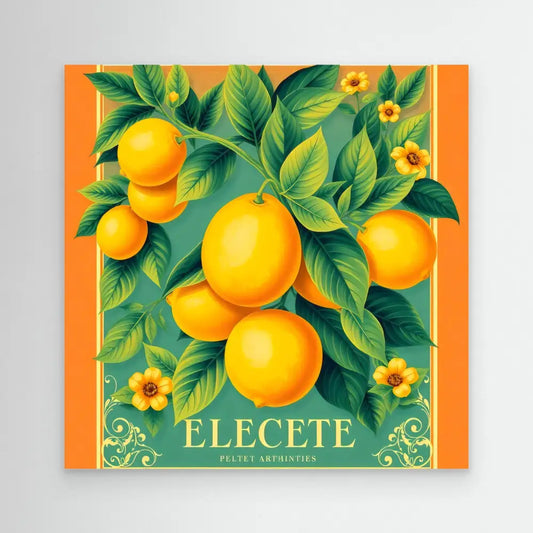 Bright yellow oranges with green leaves and small yellow flowers on an orange-bordered label.