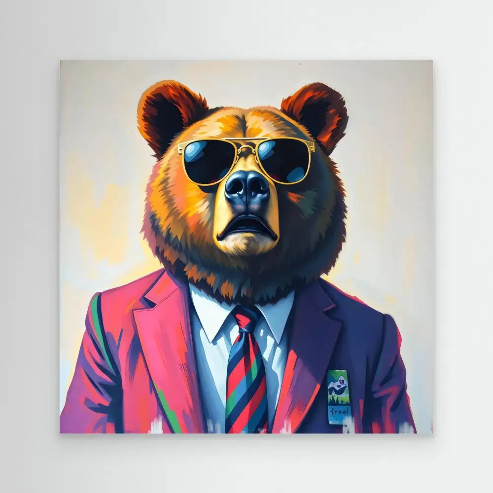 Brown bear wearing sunglasses, a business suit, and striped tie.