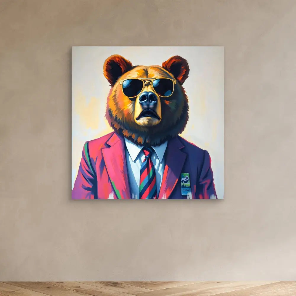 A brown bear wearing sunglasses, a red blazer, blue shirt and striped tie in a portrait-style painting.