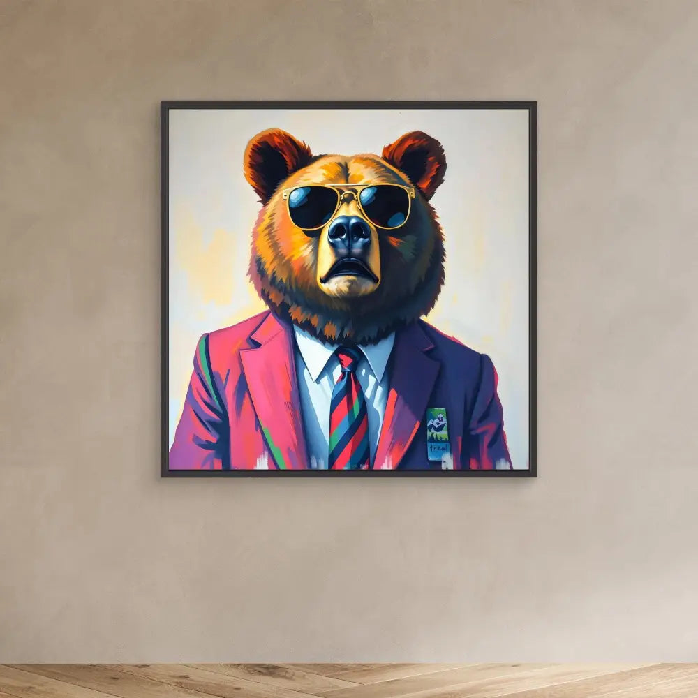 A brown bear wearing sunglasses, a red suit jacket, blue shirt and striped tie.