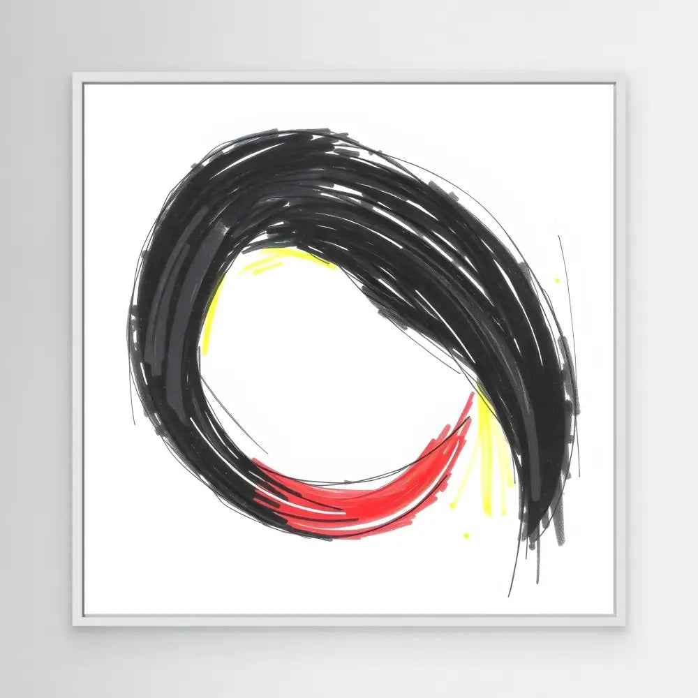 Brushstroke circle in black, red and yellow paint with dynamic movement.