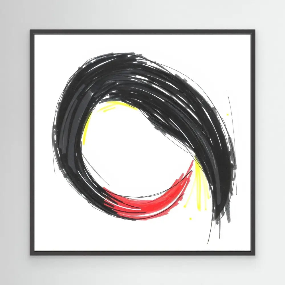 Brushstroke circle in black, red and yellow paint with dynamic movement.