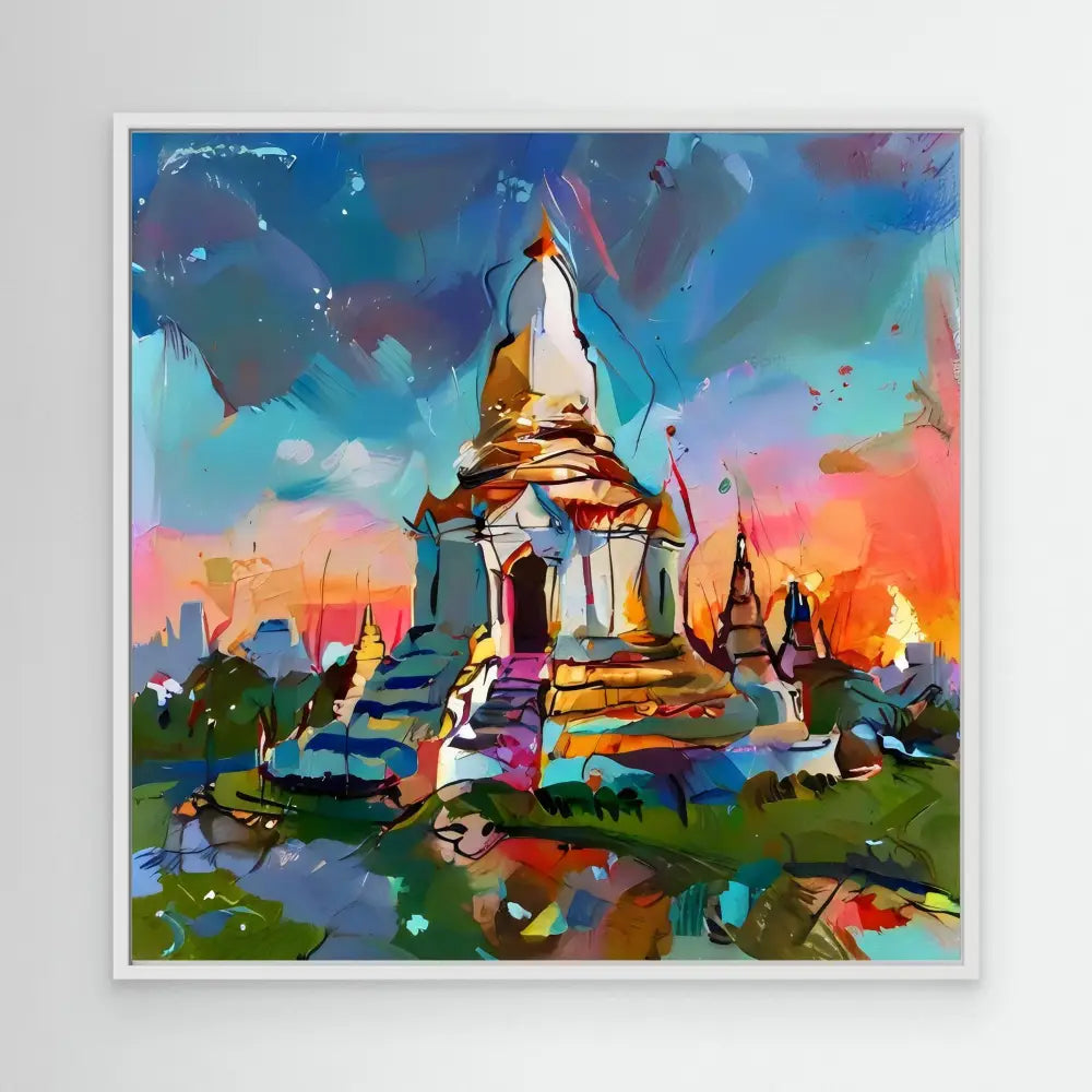 A Buddhist stupa painted in vibrant, colorful brushstrokes.