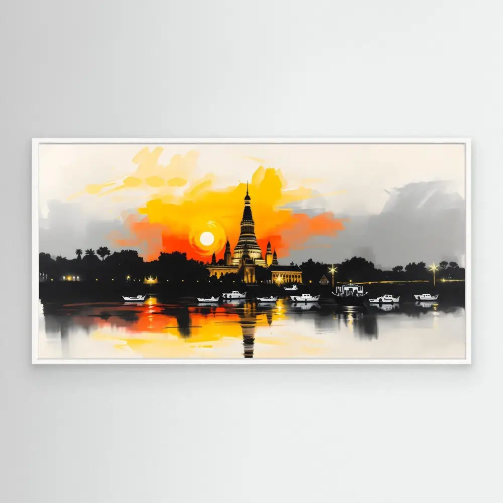 A Buddhist temple silhouetted against a golden sunset with its reflection in water.