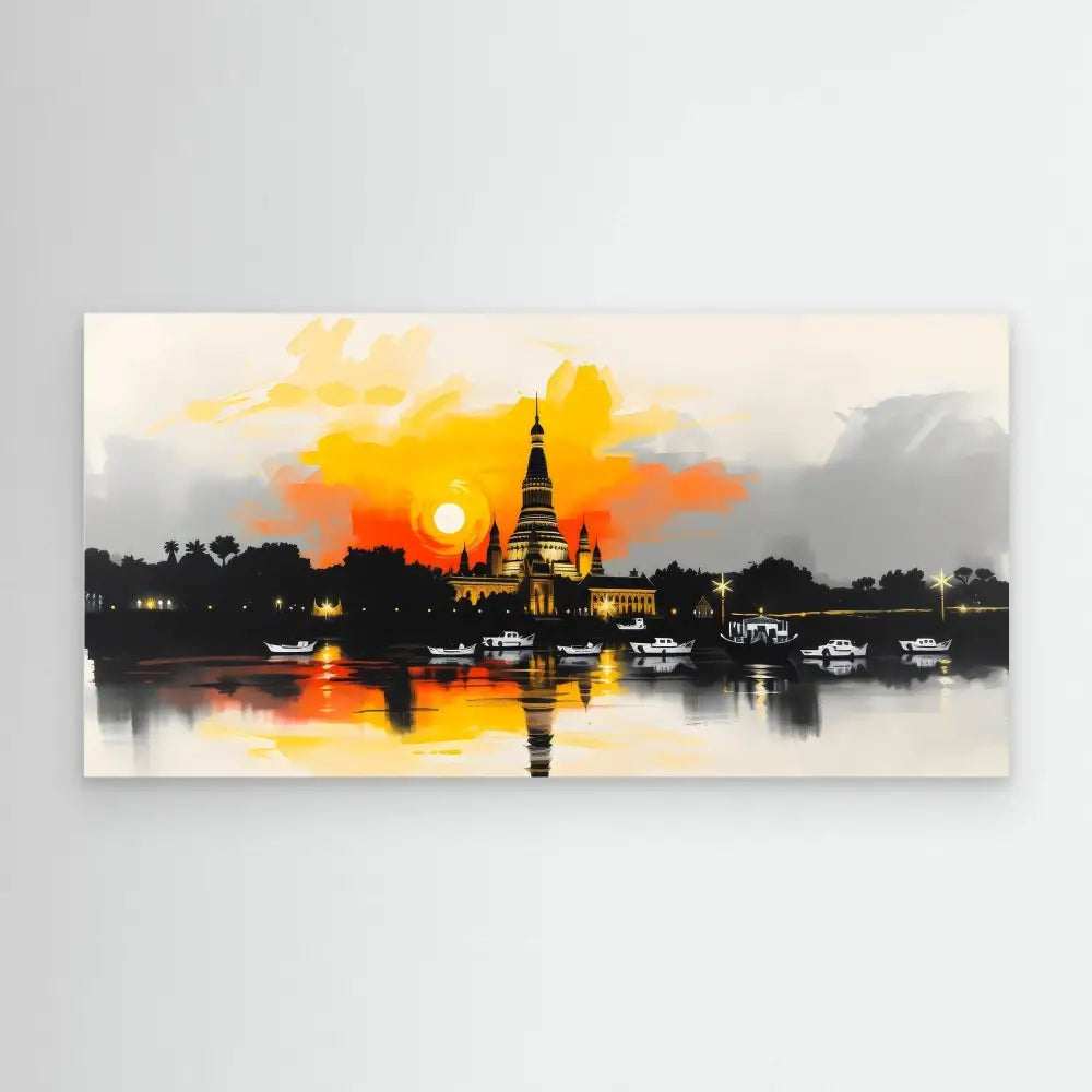 Buddhist temple silhouetted against a vibrant orange sunset with its reflection in water.