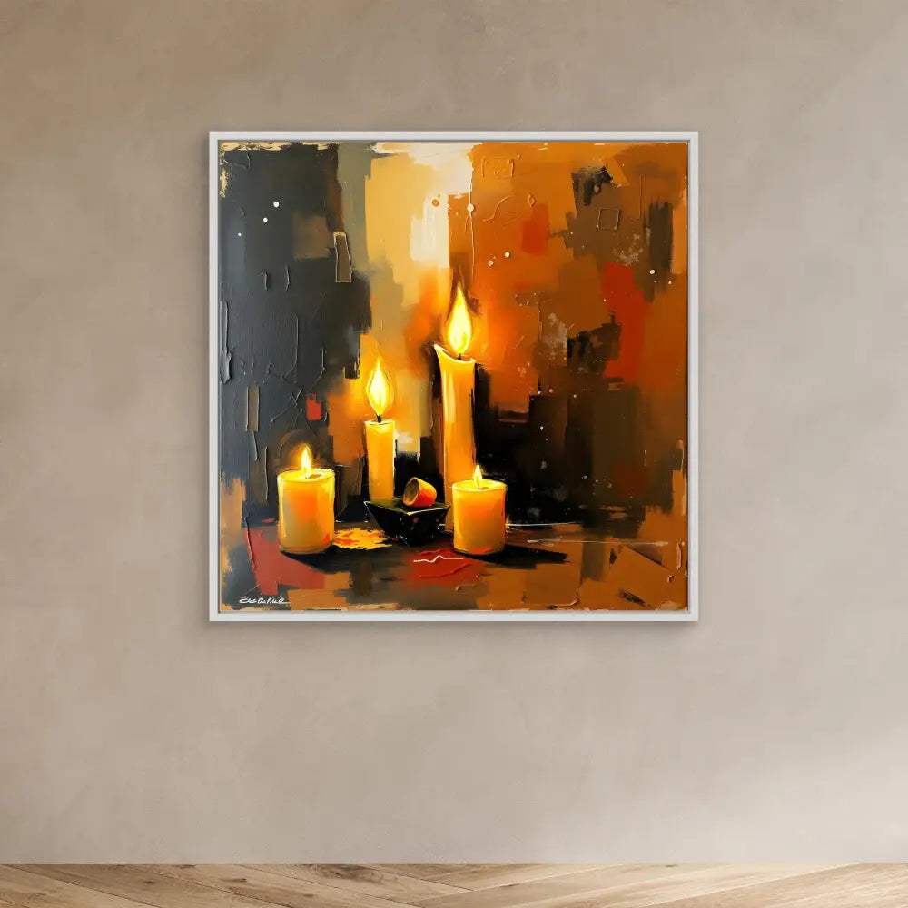 Glowing candles painted in an abstract style with warm orange and dark tones.